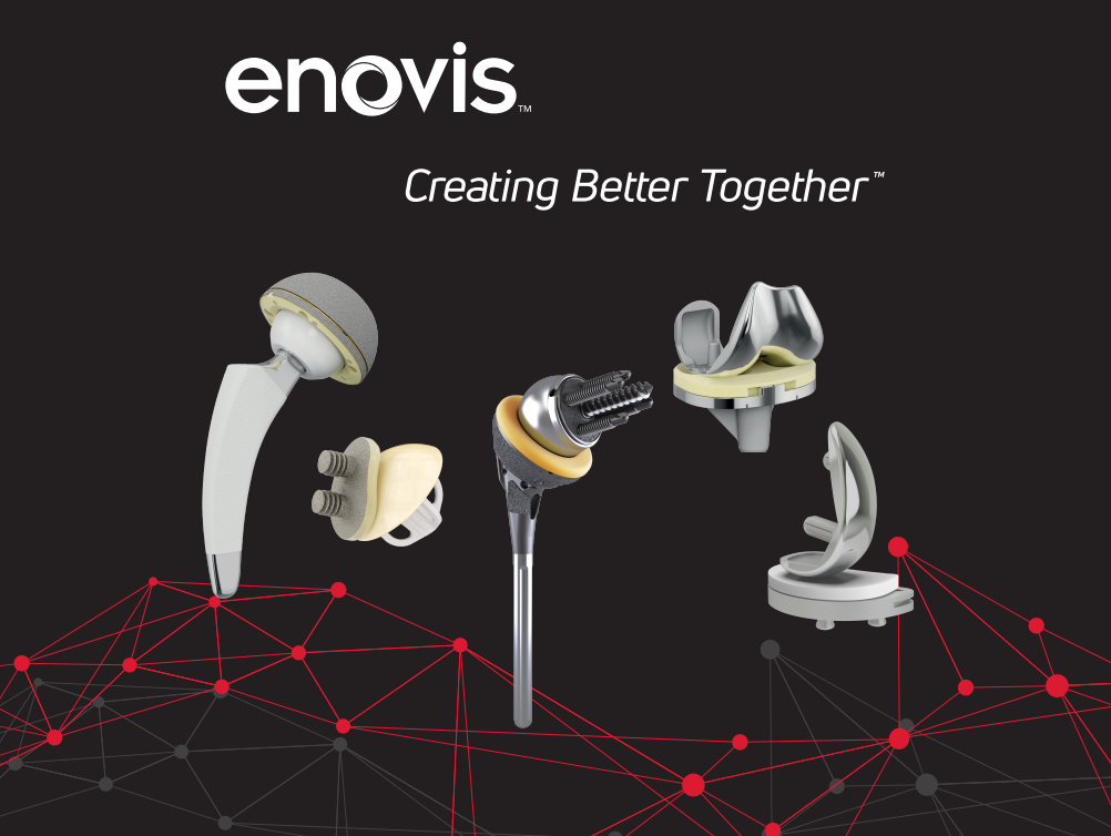 grafische Darstellung mit Logo und Slogan von enovis' Produkten, vier exemplarische medizinische Implantate für Hüfte und Knie