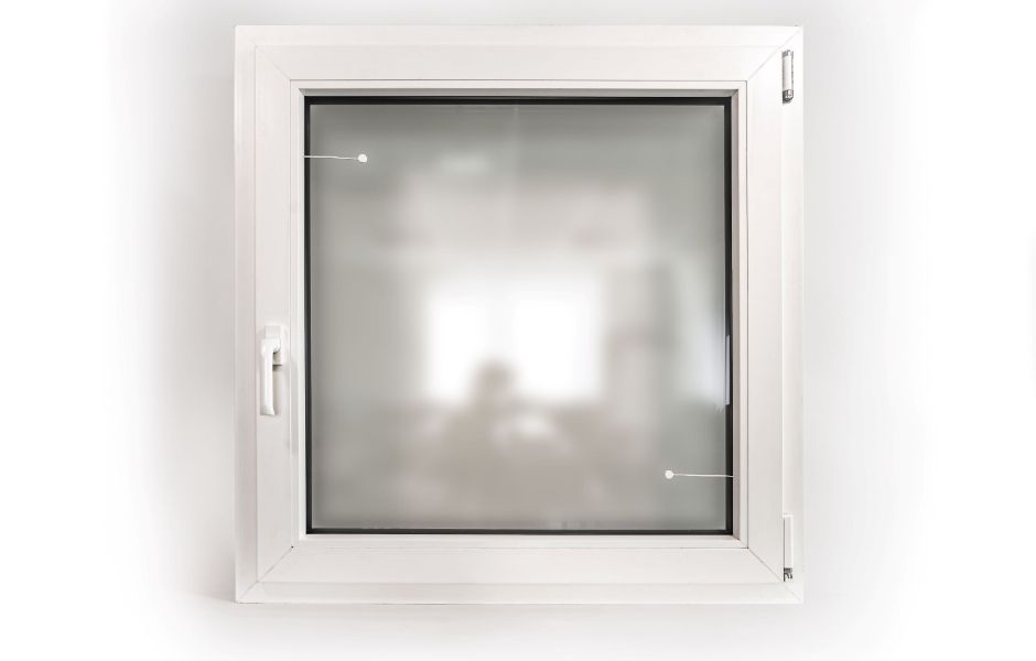 Aufnahme eines weißen Fensters mit aktivem Glasbruchmelder vor neutralem Hintergrund